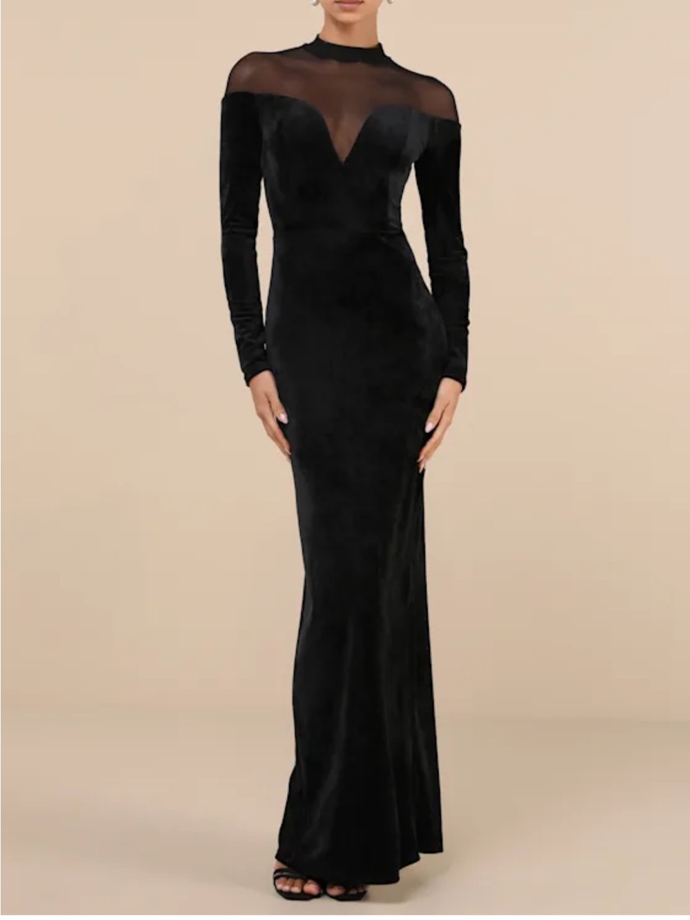 Lulu's Black Velvet Sheer Yoke Long Sleeve Evening Gown